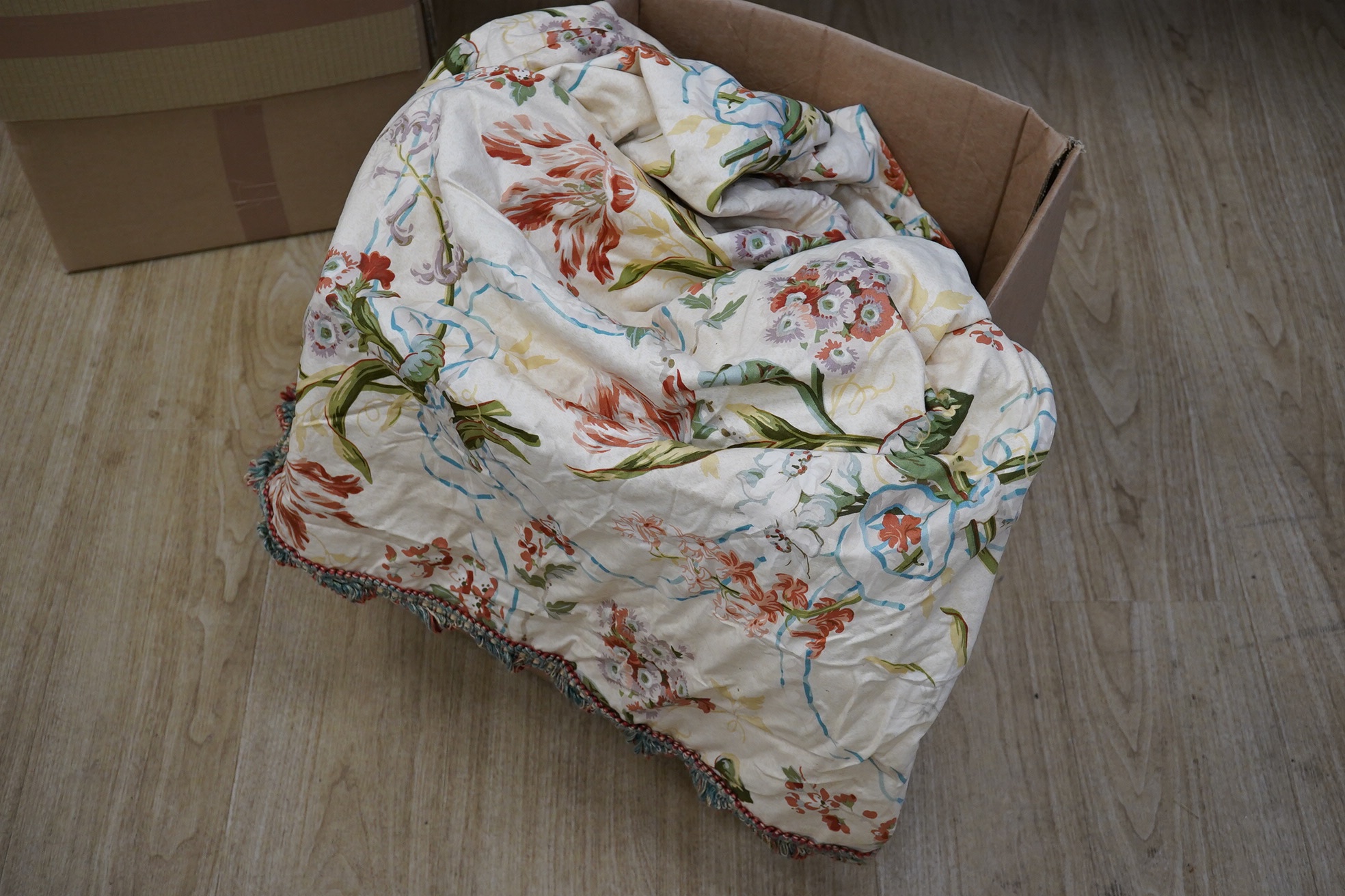 A quantity of cushions and a Colefax and Fowler printed floral curtain, (two boxes), curtain 180cm wide x 207cm long. Condition - fair